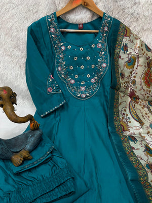 Premium Marina Silk Embroidered Straight Kurti Set – Firozi