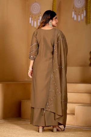 Viscose Mango Silk Embroidered Anarkali Kurti Set – Coffee