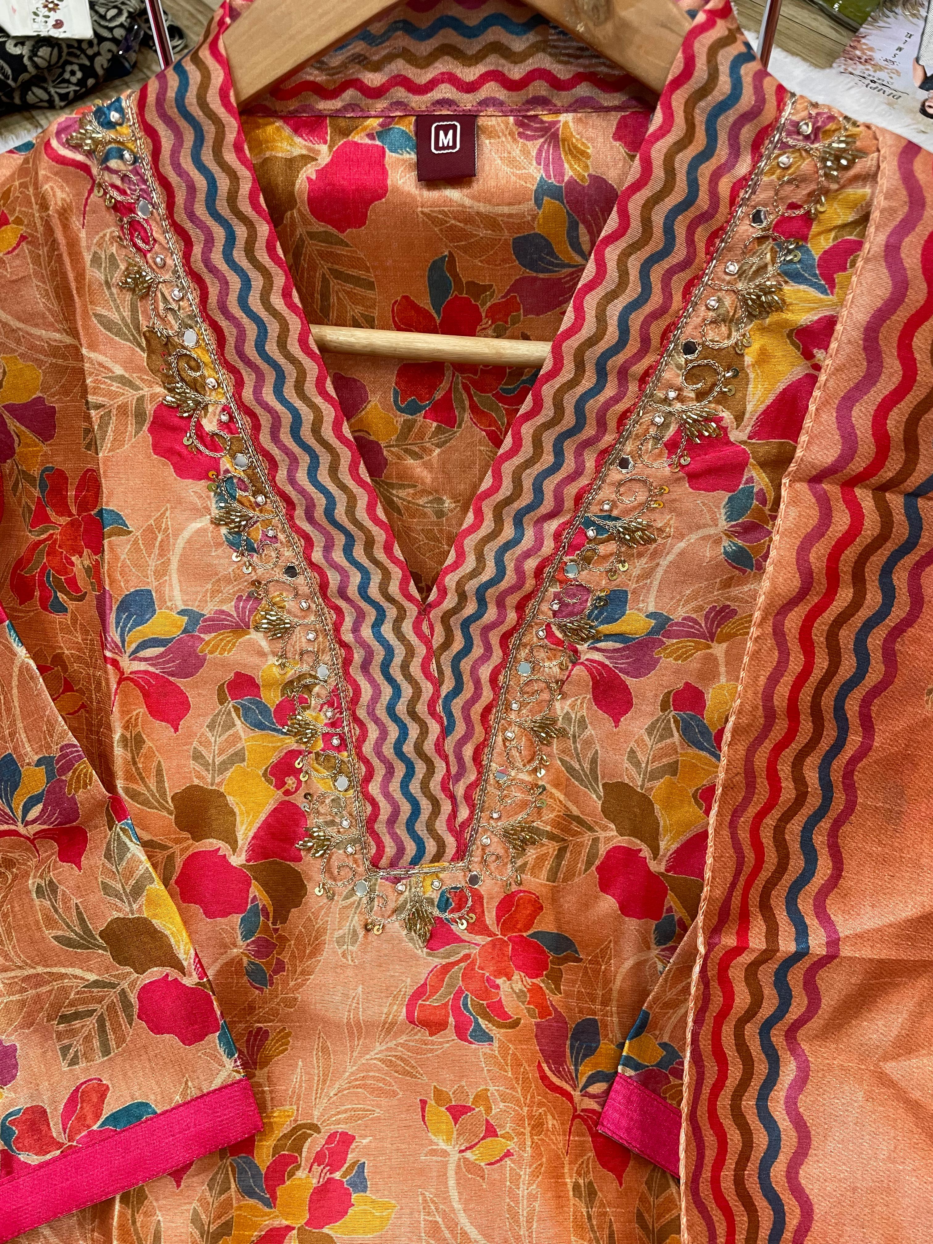 Zarna Silk Embroidered Straight Kurti Set – Peach Pink