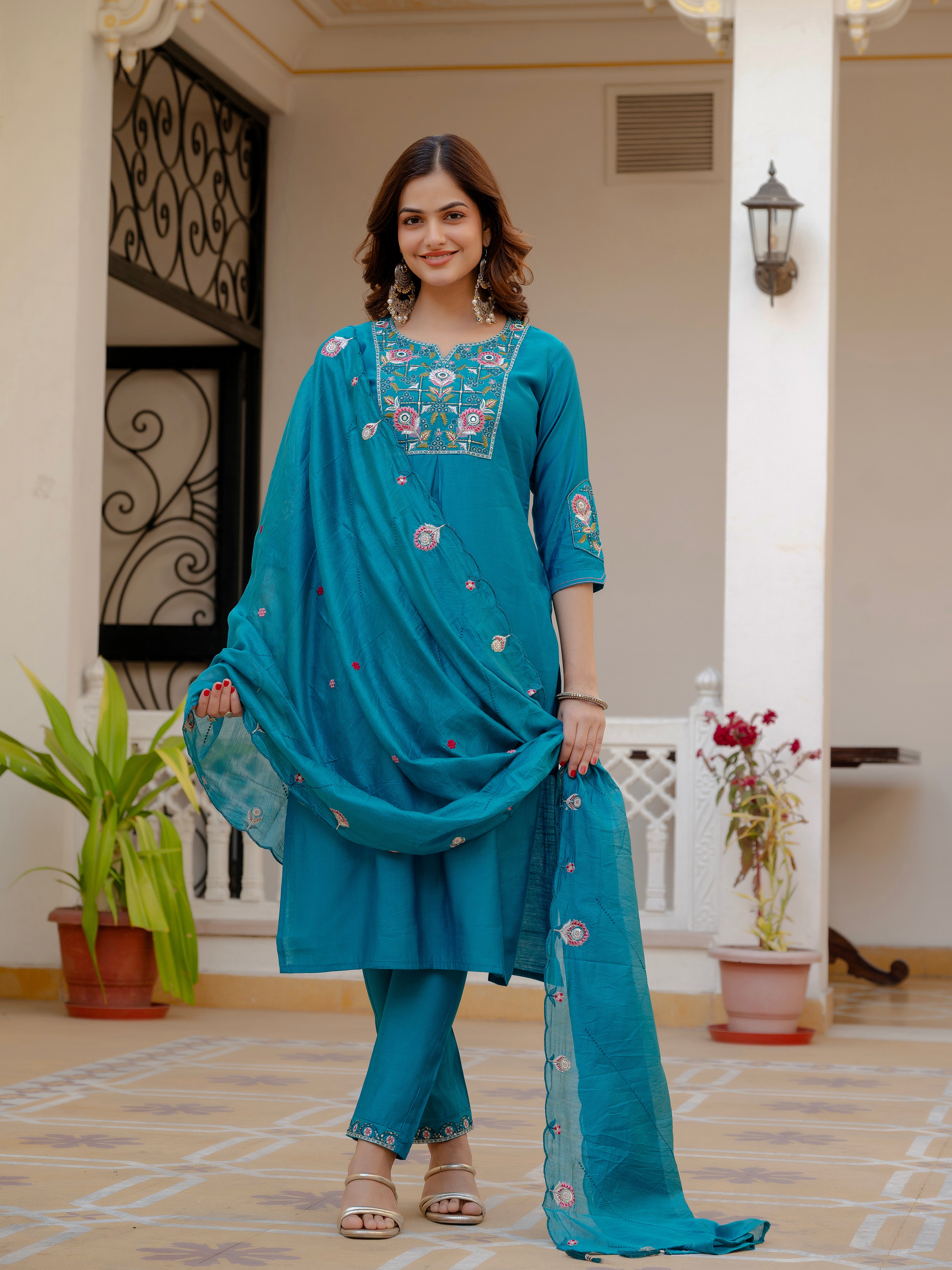 Pure Viscose Mango Silk Embroidered Straight Kurti Set – Firozi