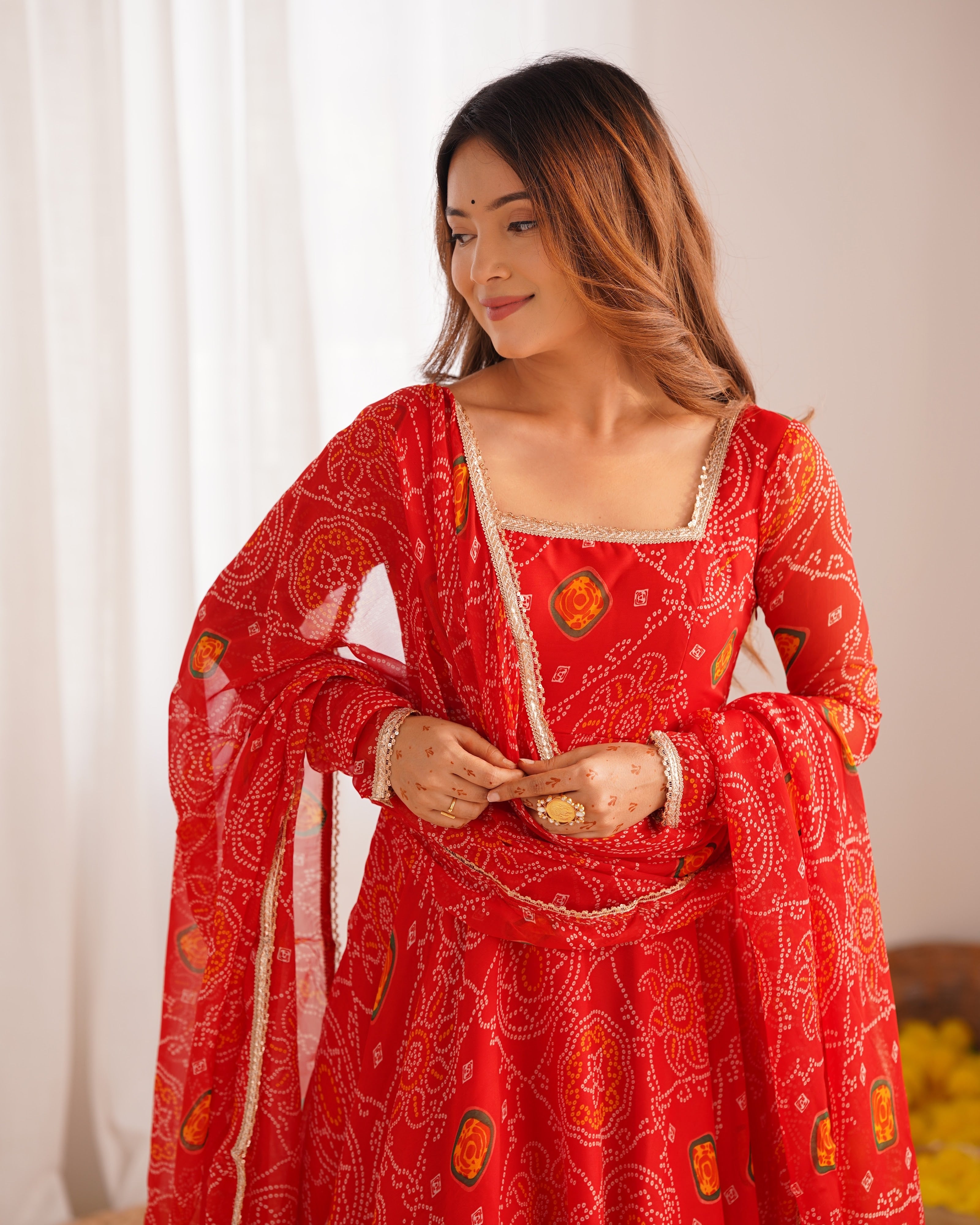 Soft Lightweight Chiffon Bandhej Fabric Inner Micro Cotton Embroidered Anarkali Set – Orange
