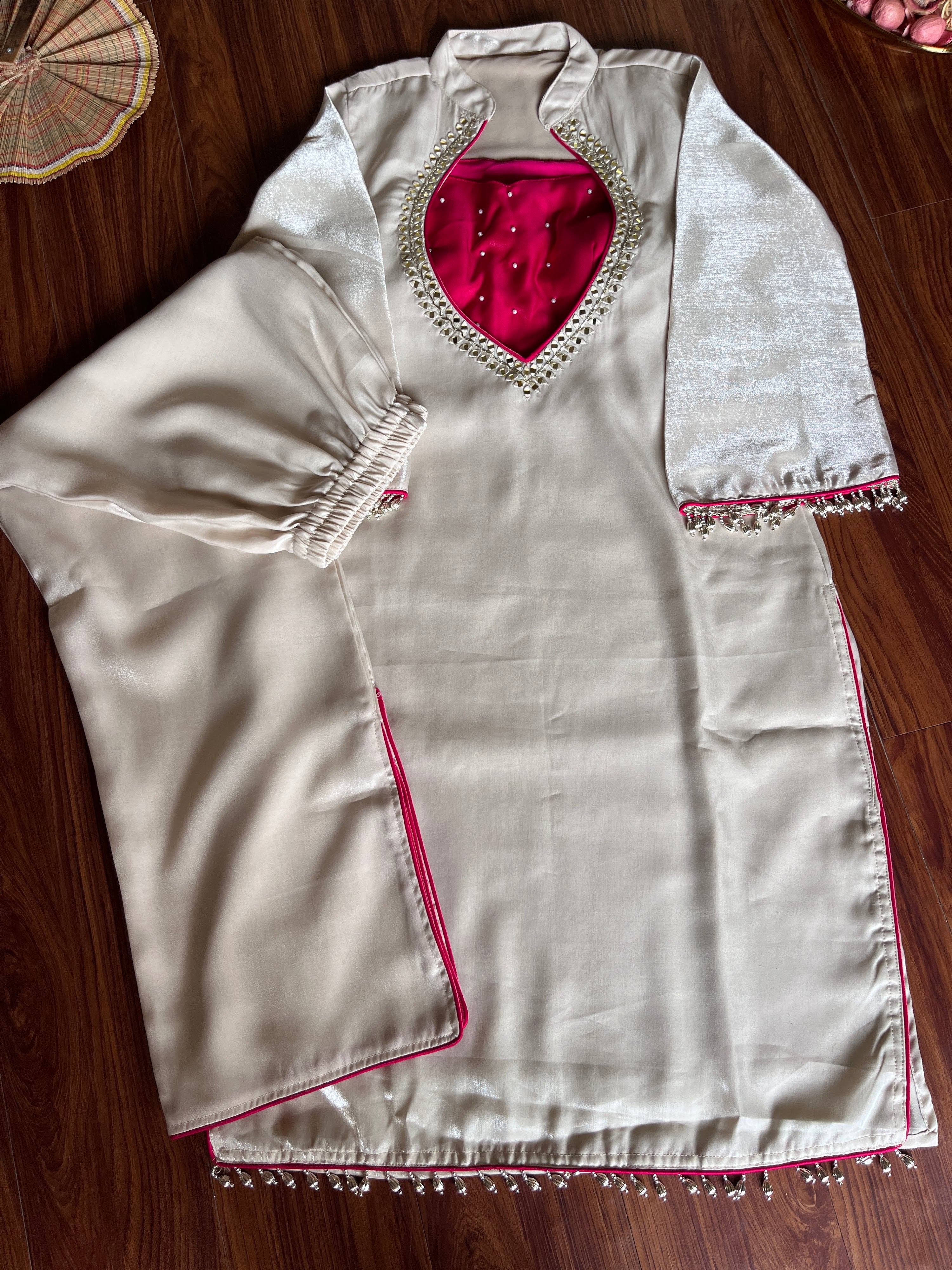 Roman Glass Silk Embroidered Kurti + Blouse + Palazzo Set – Ivory & Rani Pink