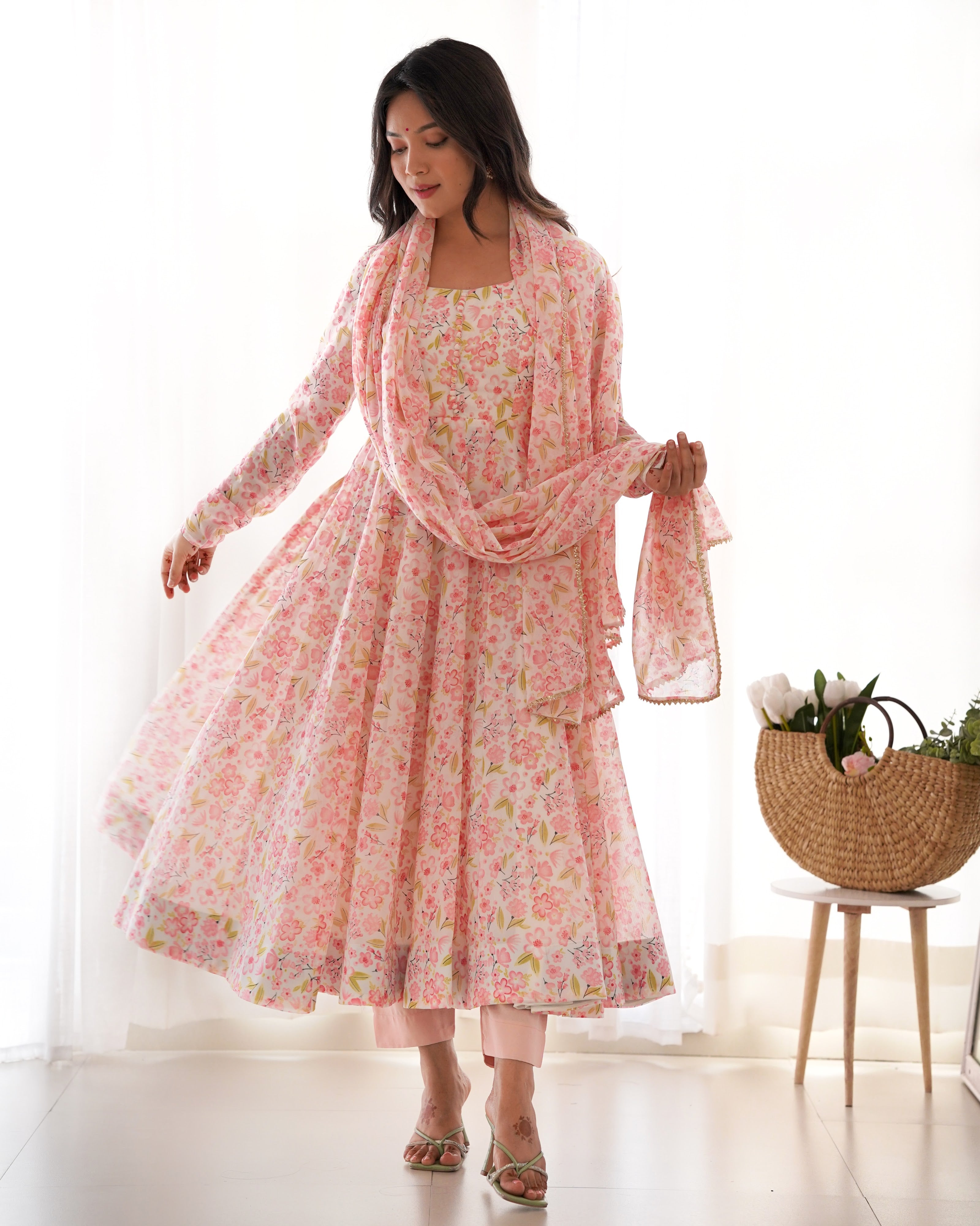 Heavy Orange Chiffon Floral Print Printed Anarkali Set – Pink Floral