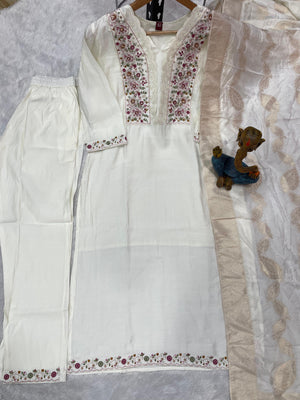 Roman Silk Embroidered Straight Kurti Set – White