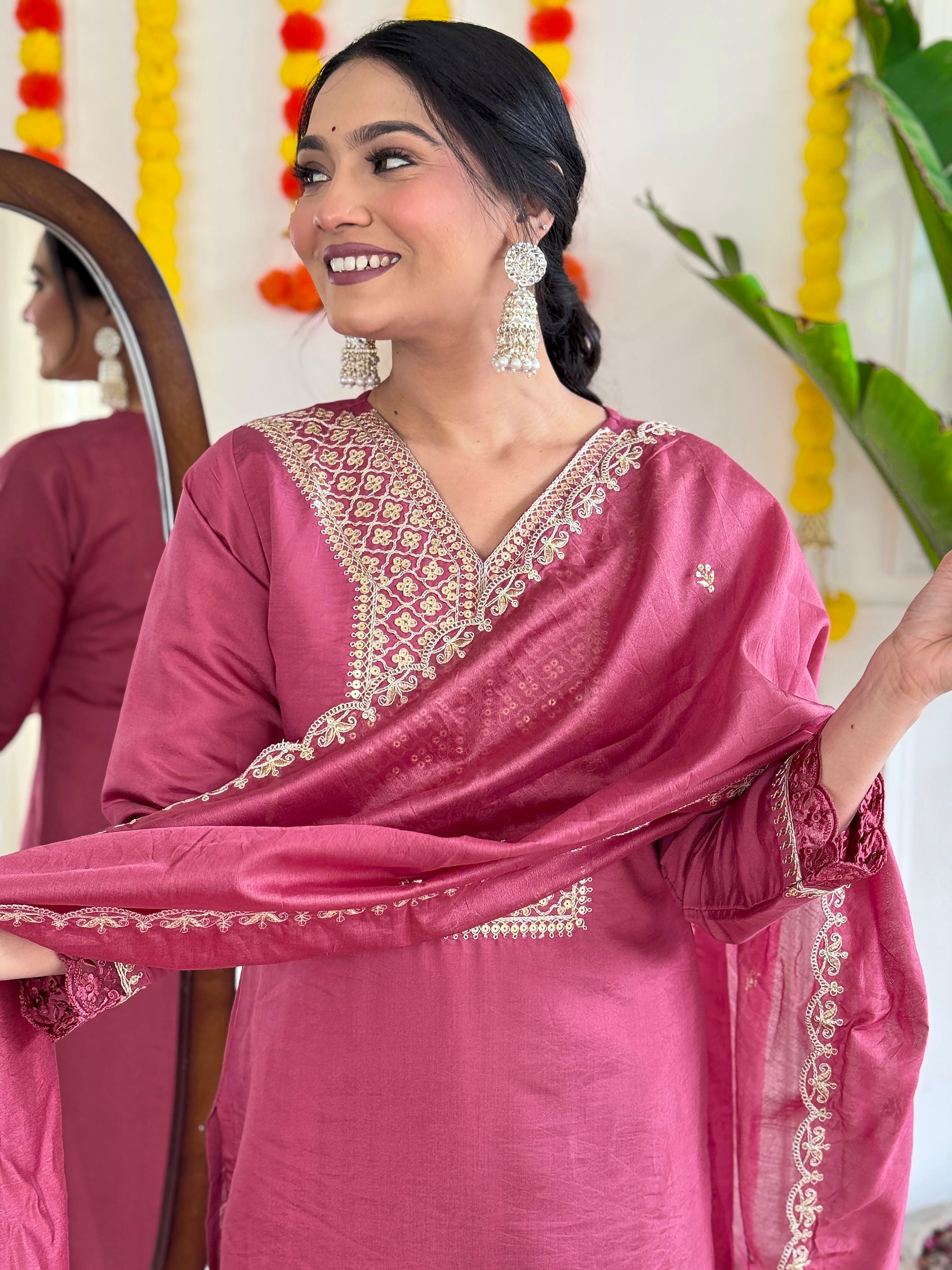 Viscose Chanderi Embroidered Kurta Pant Dupatta Set – Dusty Rose