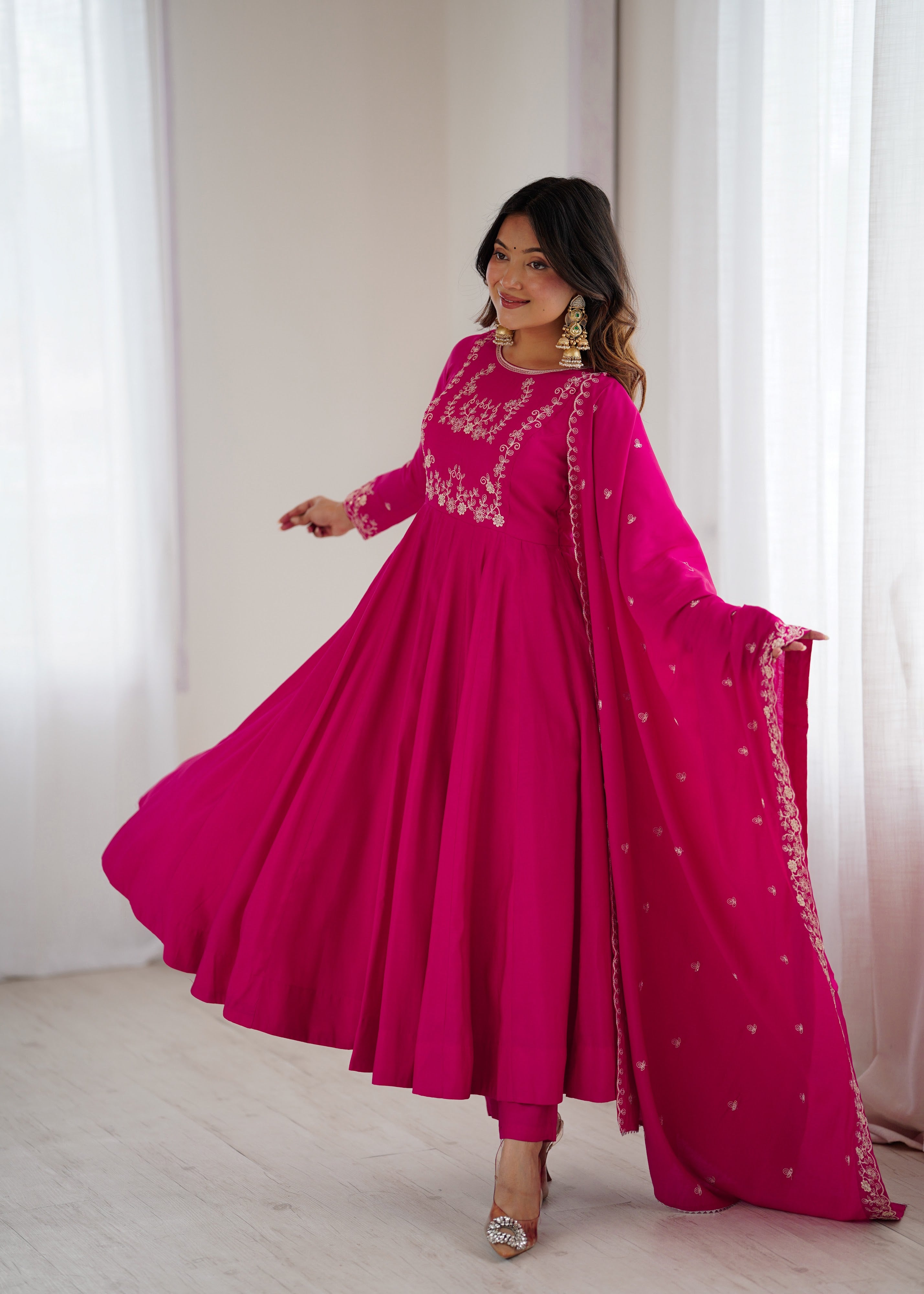 Roman Shimmer Silk Embroidered Anarkali Set – Rani Pink