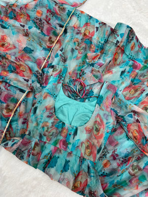 Organza Silk Printed Anarkali Set – Sky Floral
