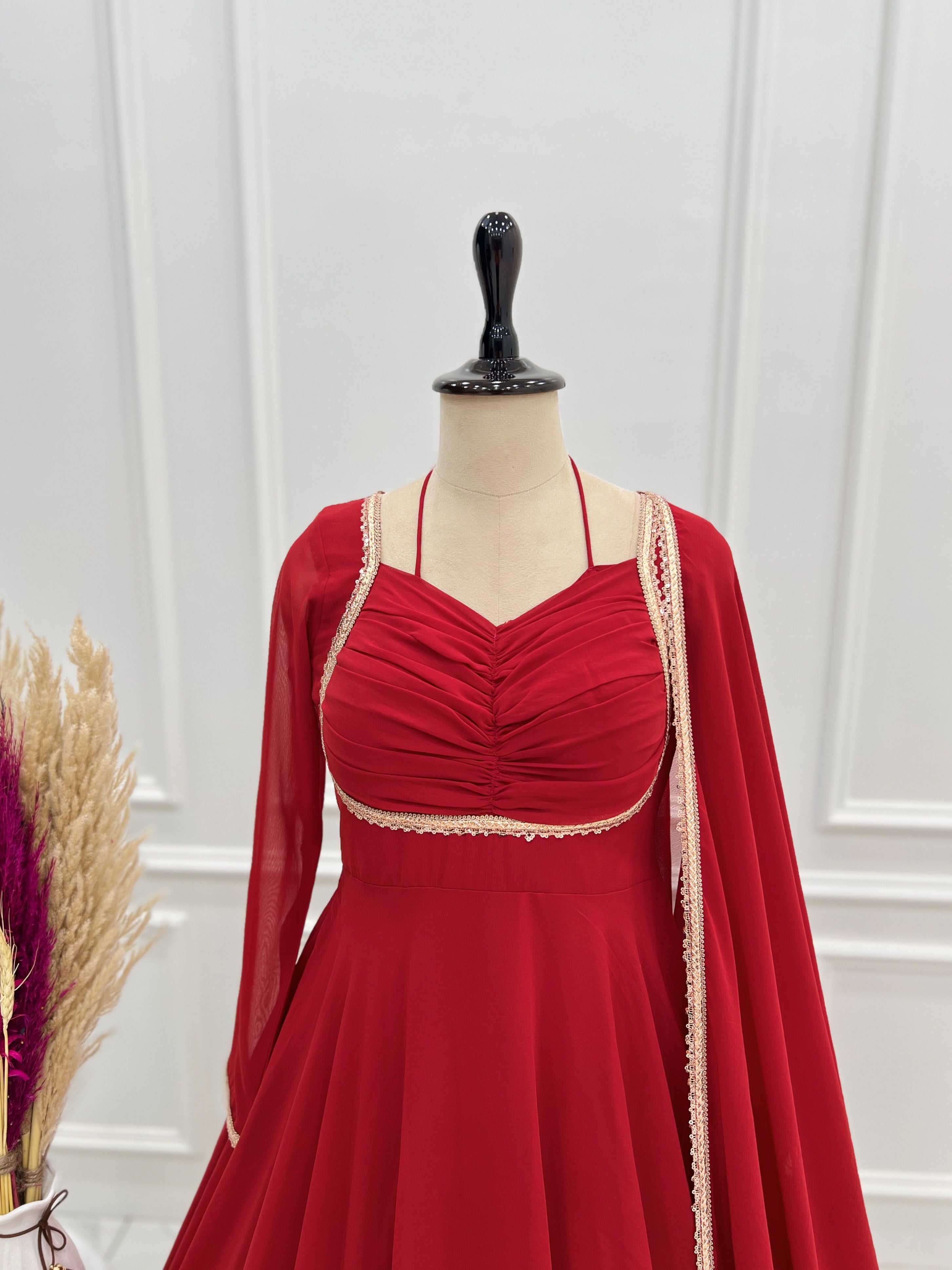 Georgette Embroidered Gown Set – Red