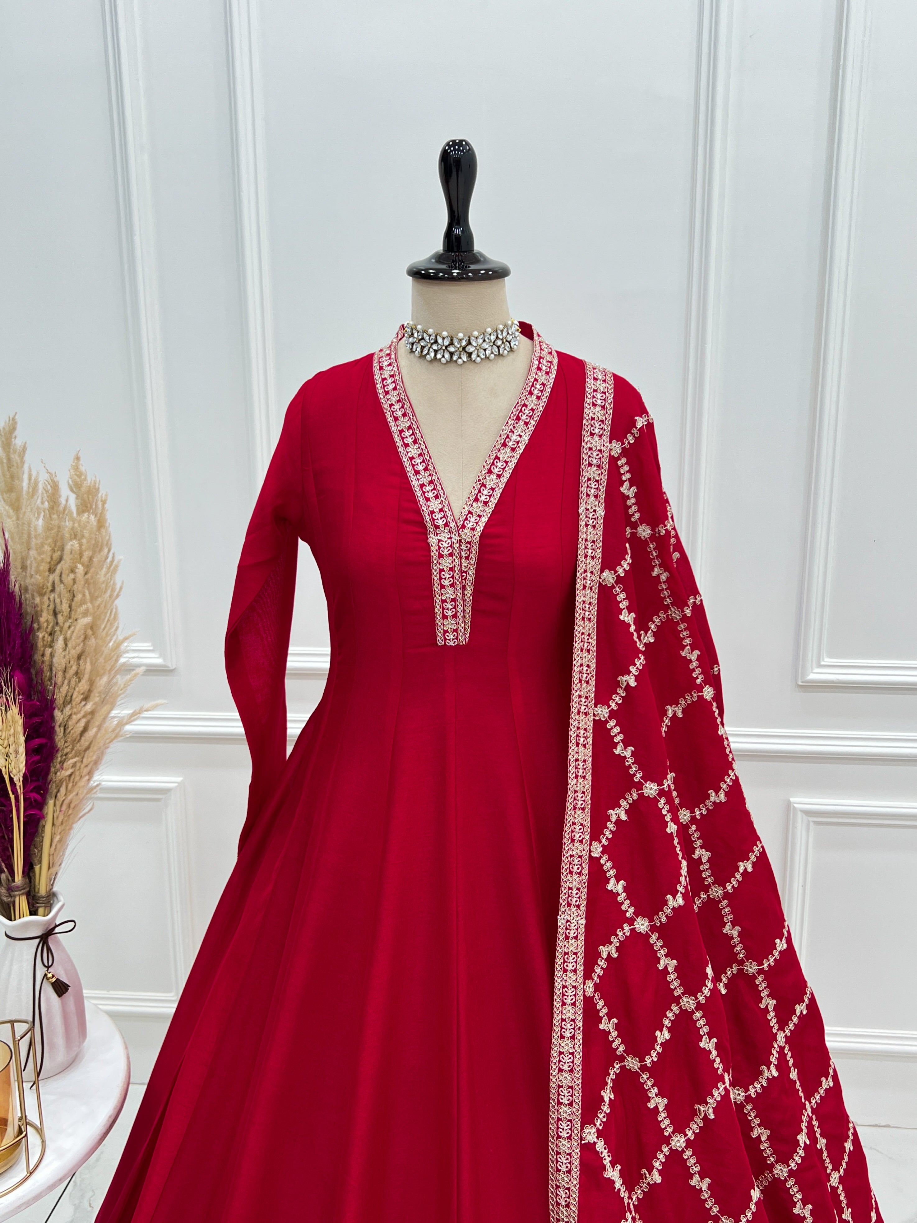 Vichitra Silk Embroidered Gown Set – Red