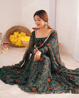 Soft Lightweight Chiffon Bandhej Fabric Inner Micro Cotton Embroidered Anarkali Set – Green