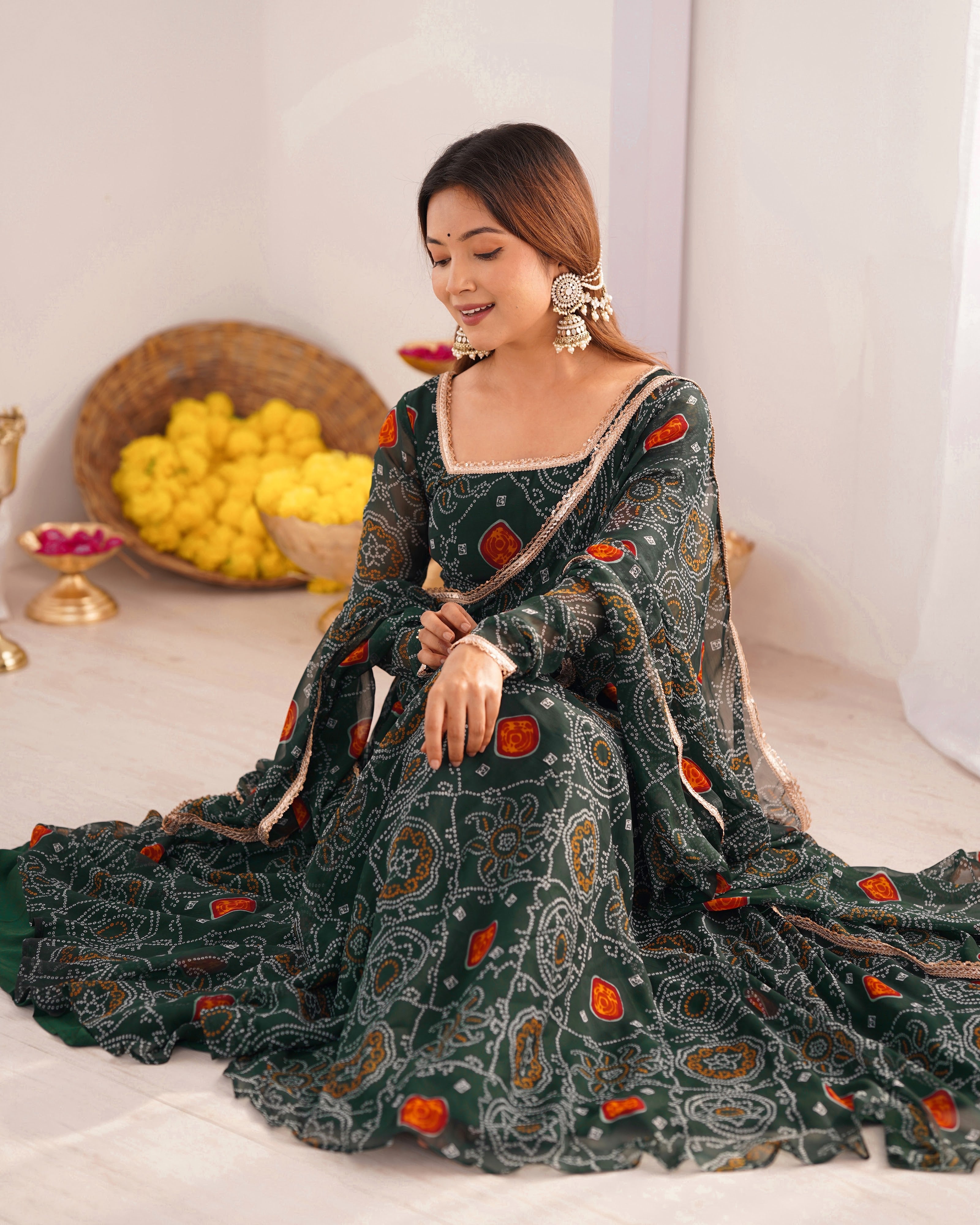Soft Lightweight Chiffon Bandhej Fabric Inner Micro Cotton Embroidered Anarkali Set – Green