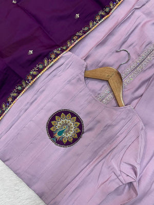 Roman Silk Embroidered Anarkali Kurti Set – Light Lovender