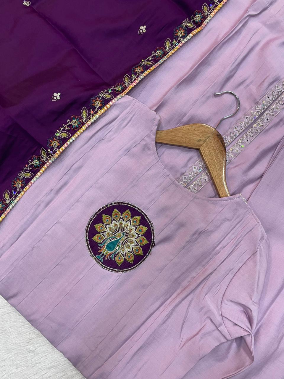 Roman Silk Embroidered Anarkali Kurti Set – Light Lovender