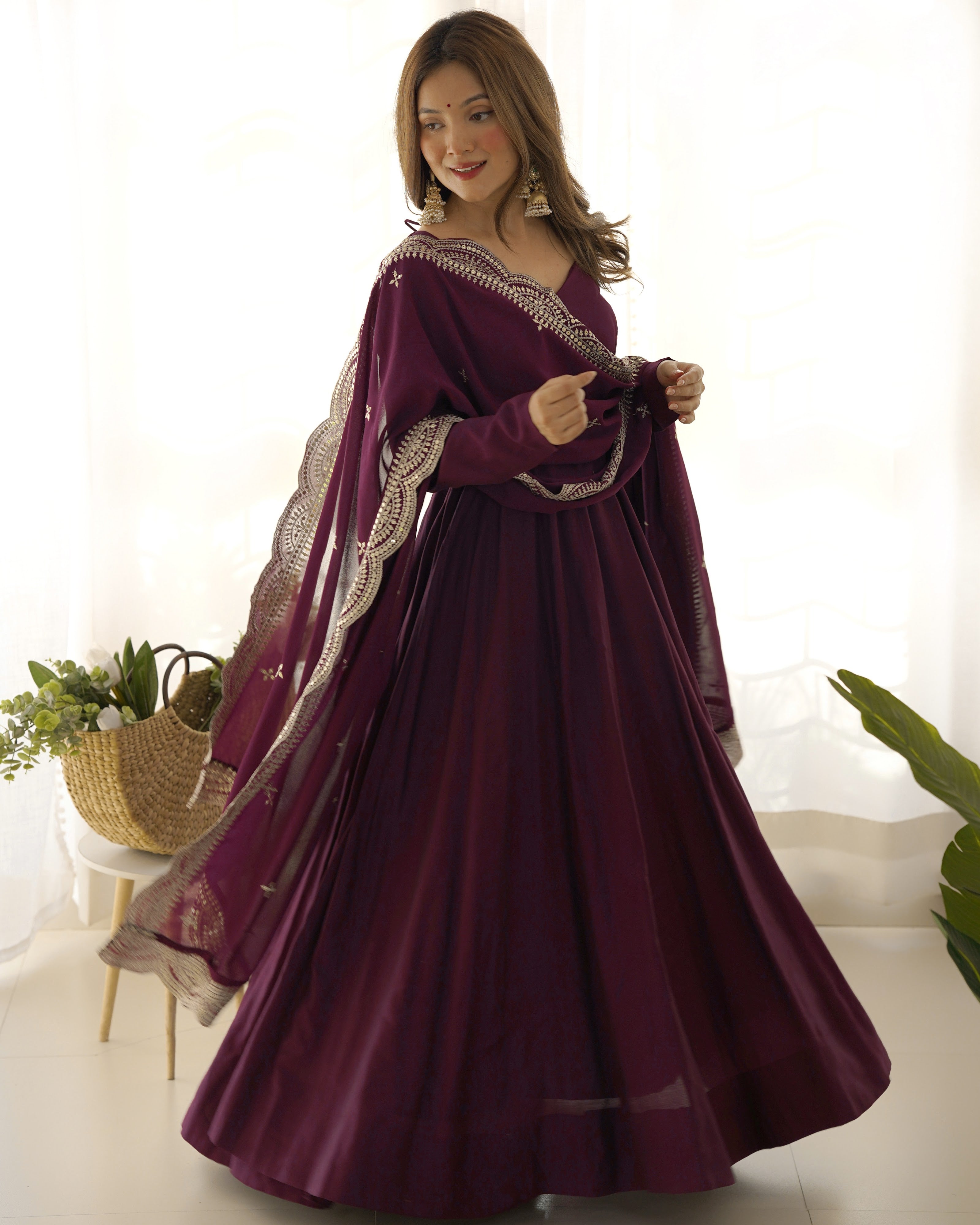 Roman Chanderi Silk Embroidered Anarkali Set – Wine