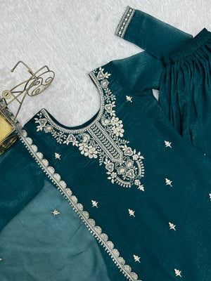 Crunchy Silk Embroidered Sharara Set – Teal Blue