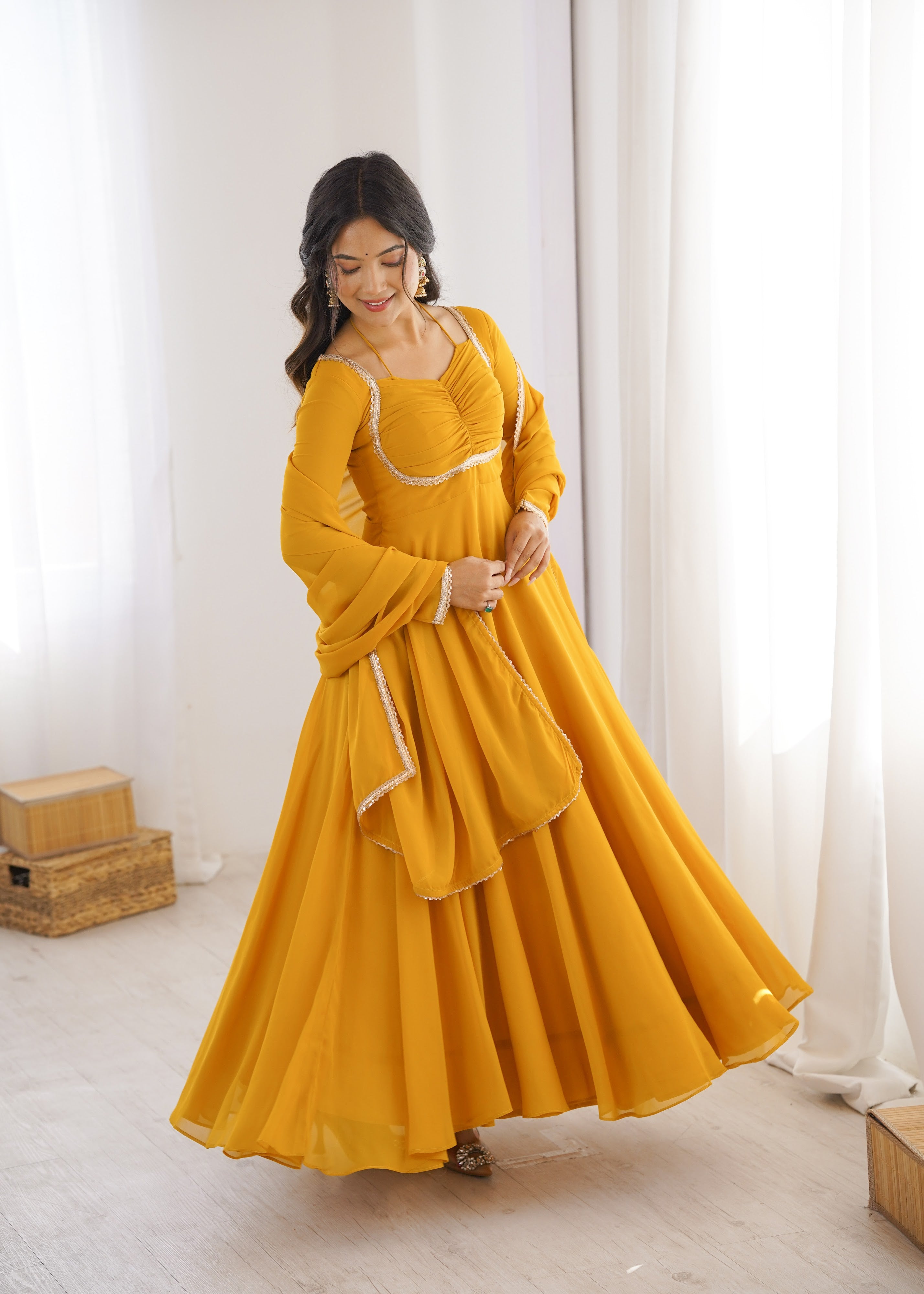Georgette Embroidered Gown Set – Yellow