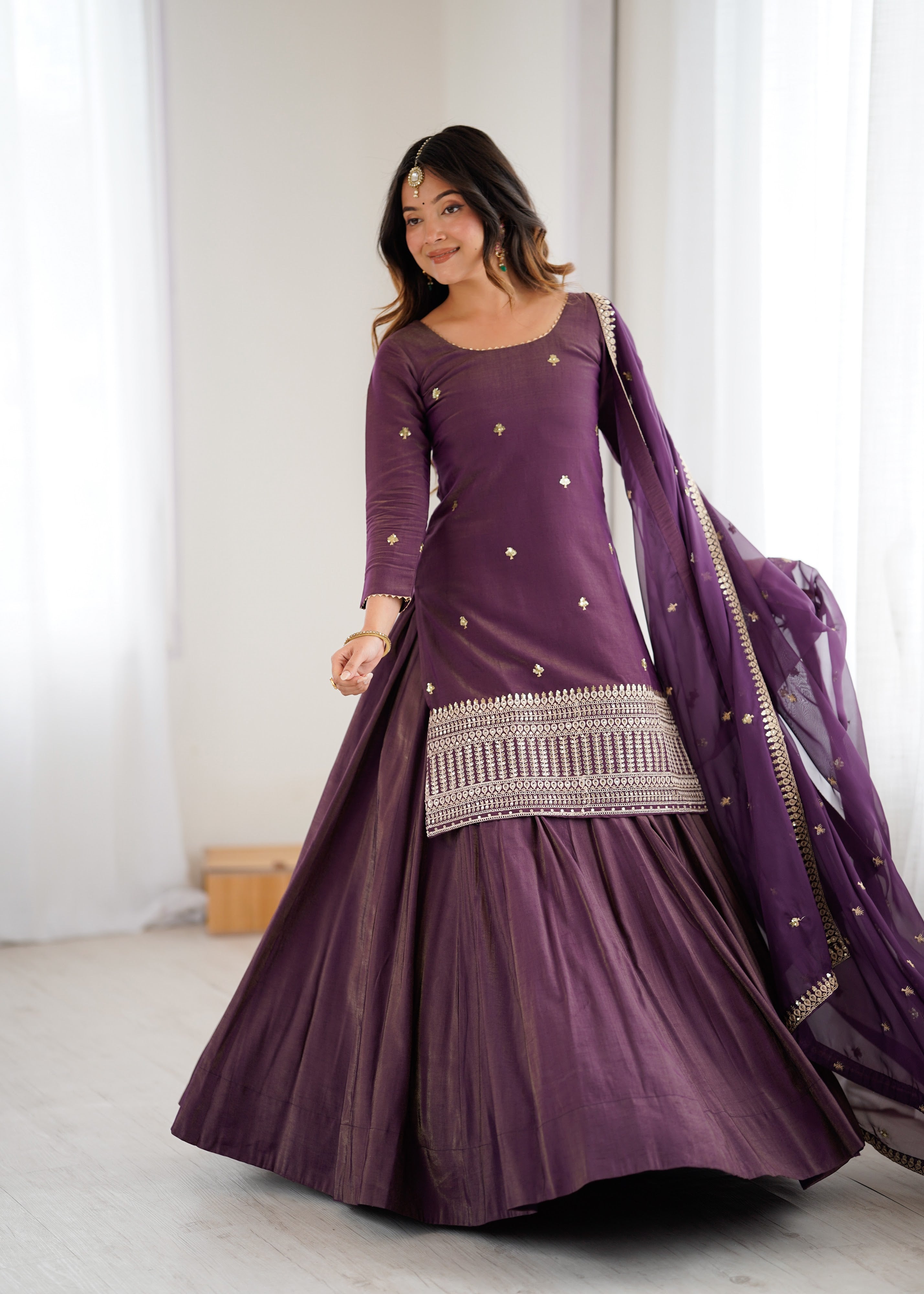 Roman Shimmer Silk Embroidered Top Set – Purple