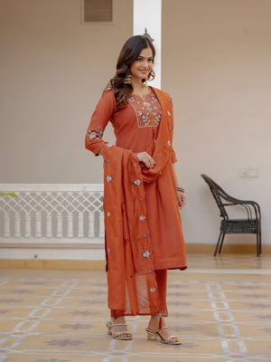 Pure Viscose Mango Silk Embroidered Straight Kurti Set – Rust
