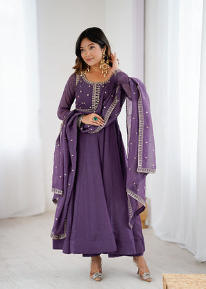 Crunchy Silk Embroidered Gown Set – Purple