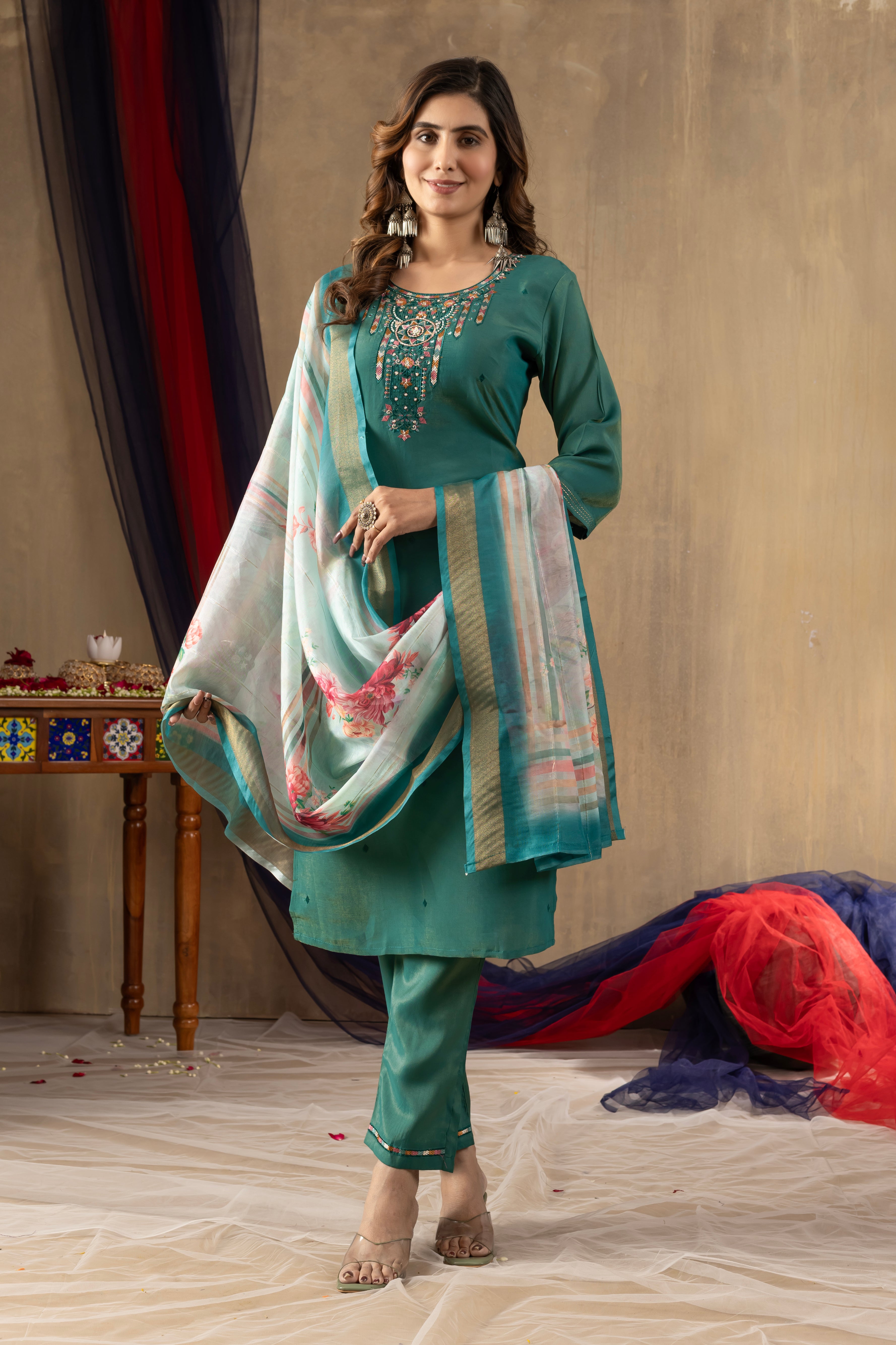 Shimmer Gold Silk Embroidered Straight Kurti Set – Rama Green