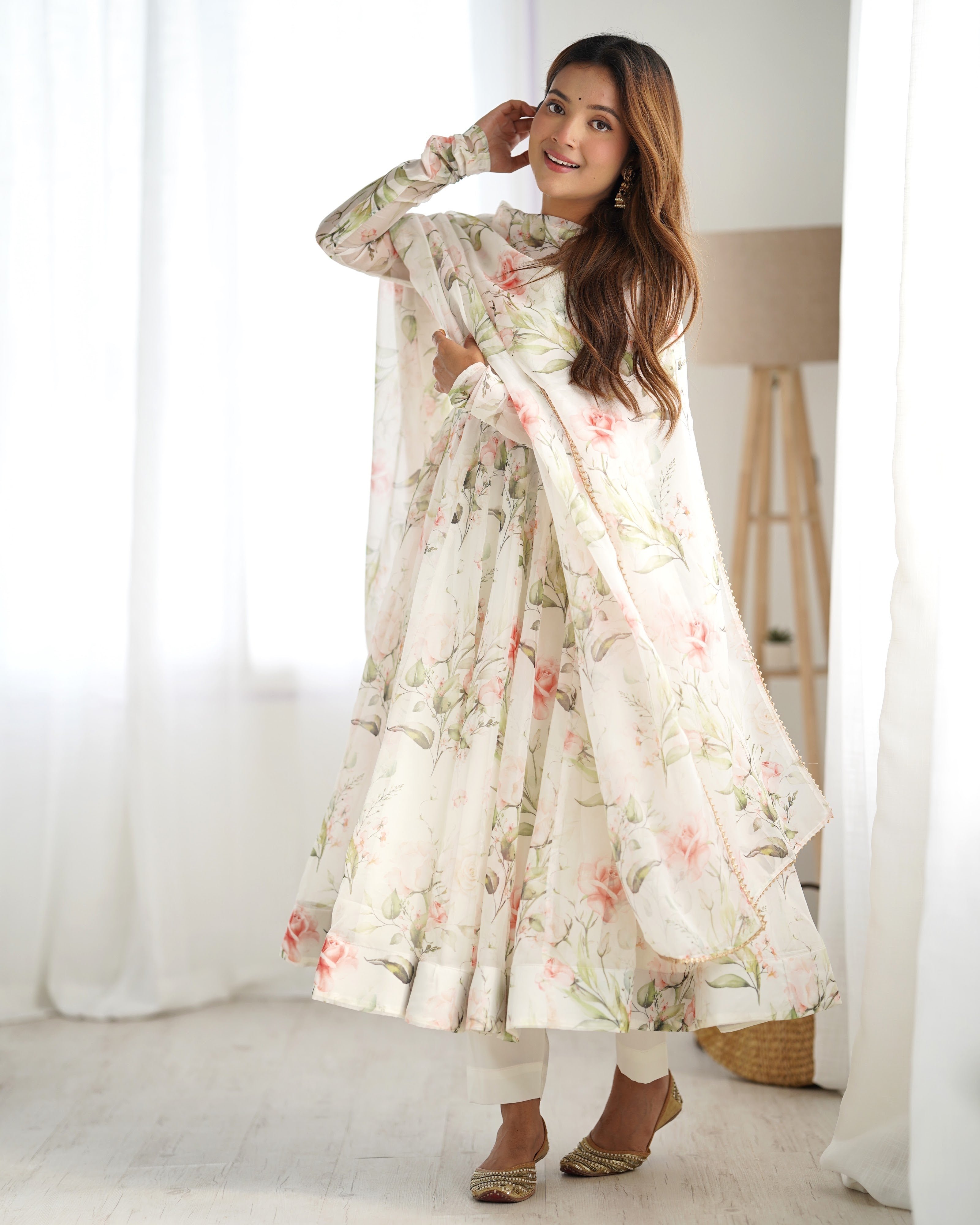 Organza Silk Printed Anarkali Set – Off White