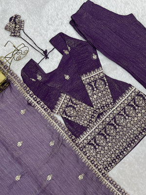 Crunchy Silk Embroidered Bell Bottom Set – Purple