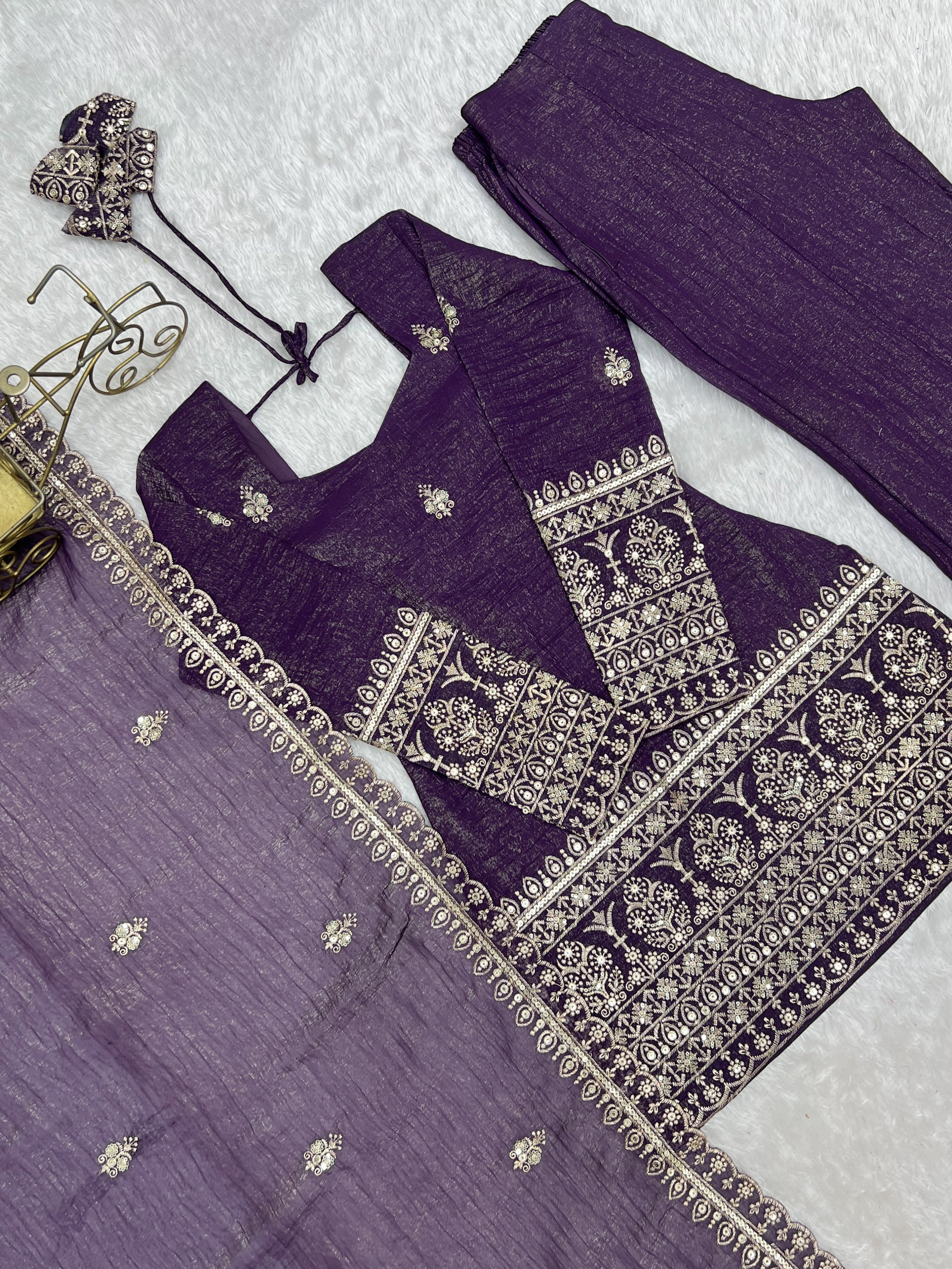 Crunchy Silk Embroidered Bell Bottom Set – Purple