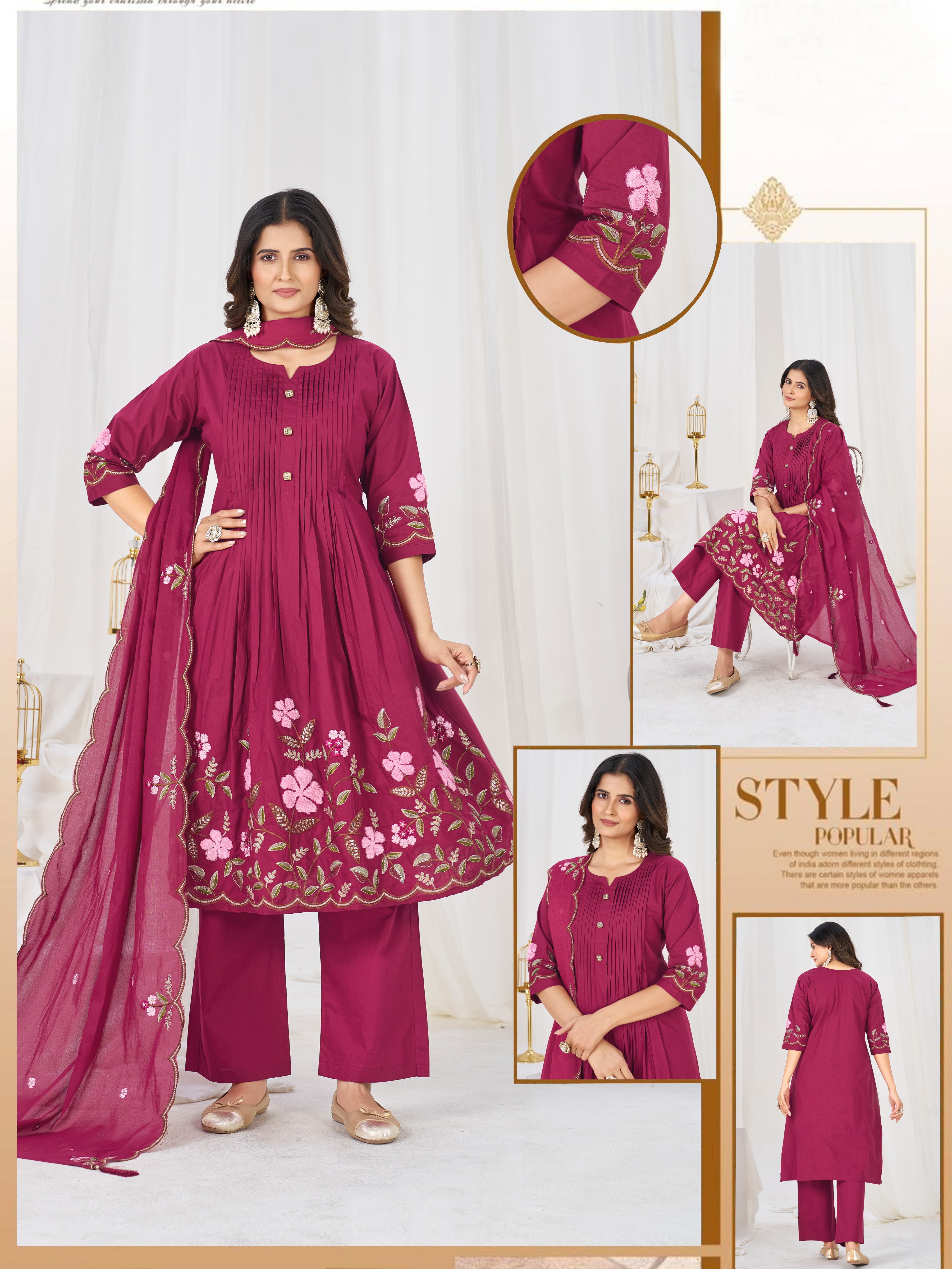 Pure Cotton Embroidered Anarkali Kurti Set – Pink