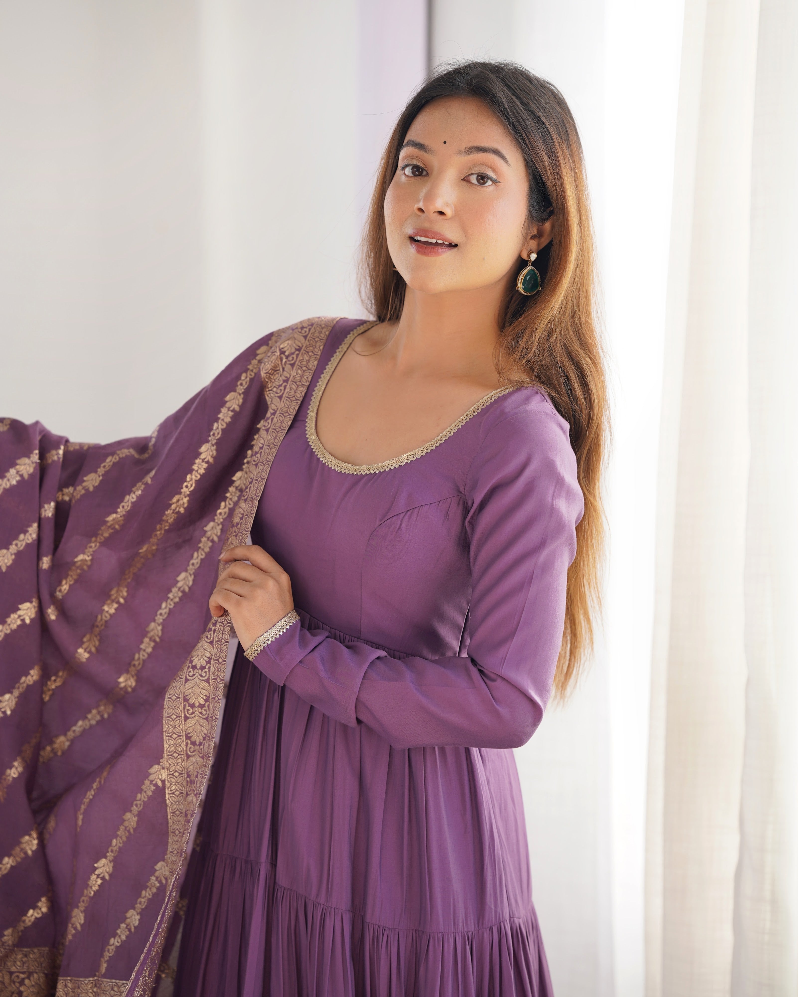 Roman Chanderi Silk Embroidered Anarkali Set – Purple
