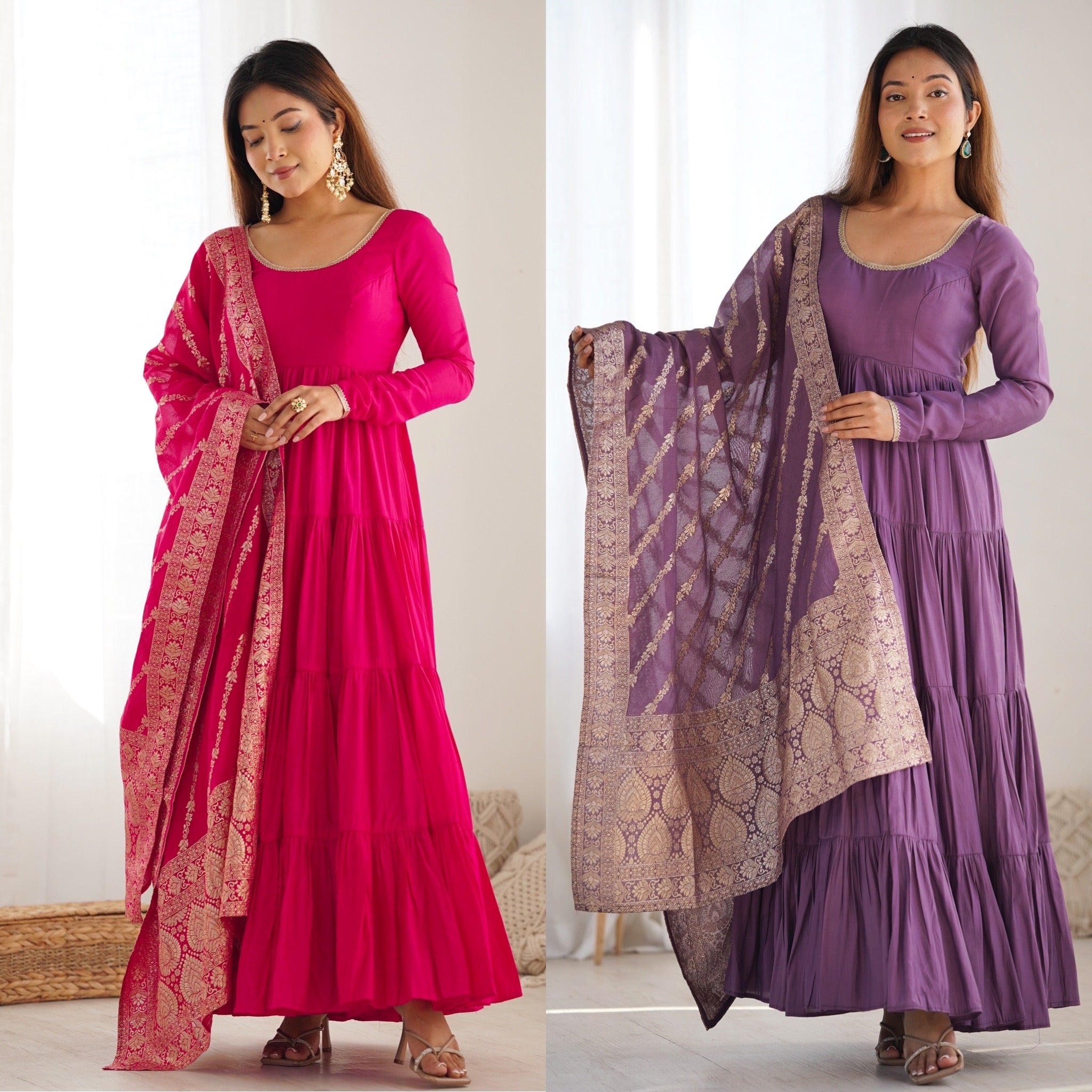 Roman Chanderi Silk Embroidered Anarkali Set – Purple