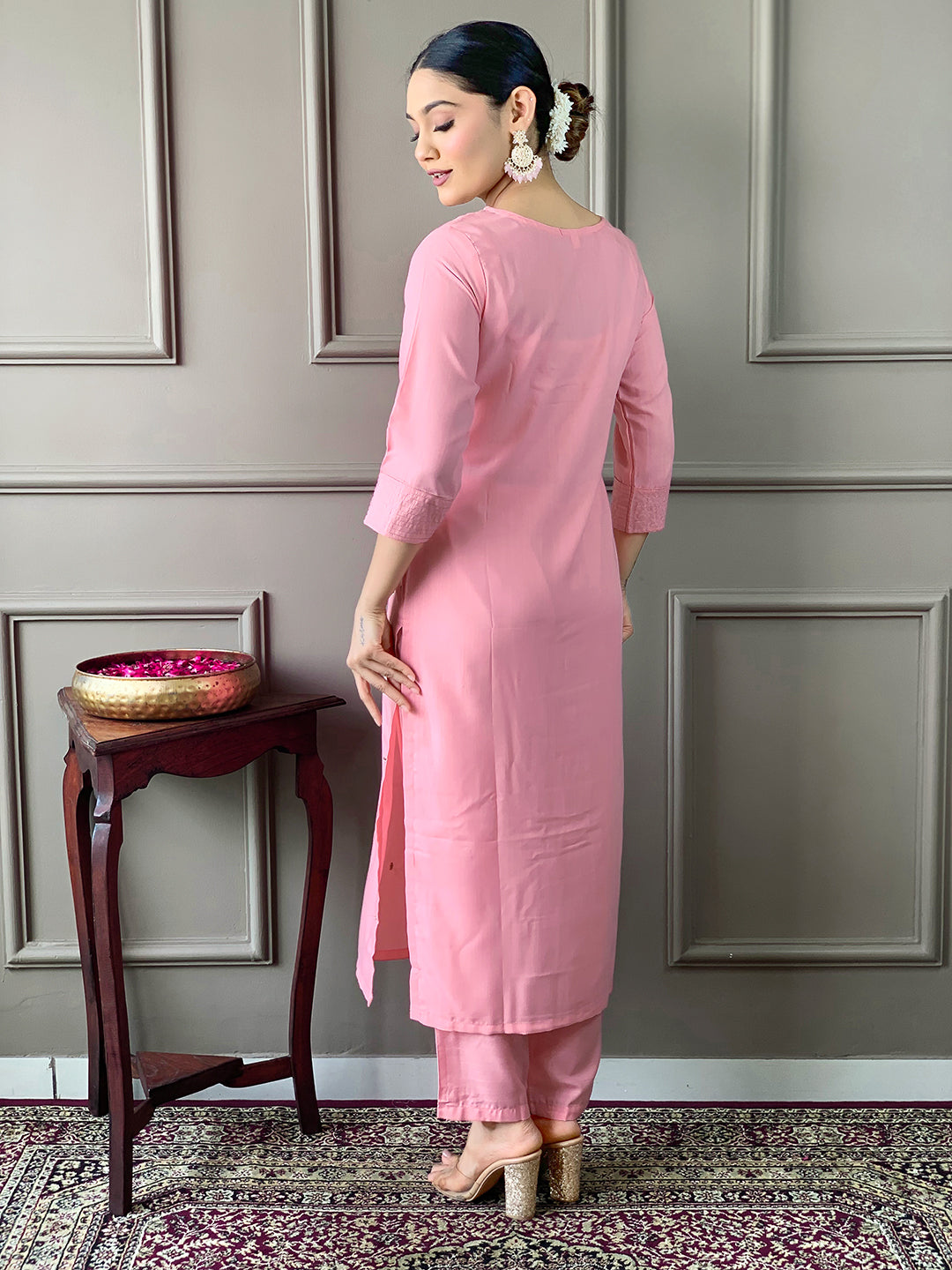 Rayon Slub Embroidered Kurta Pant Dupatta Set – Pink