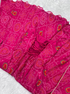 Soft Lightweight Chiffon Bandhej Embroidered Gown Set – Pink