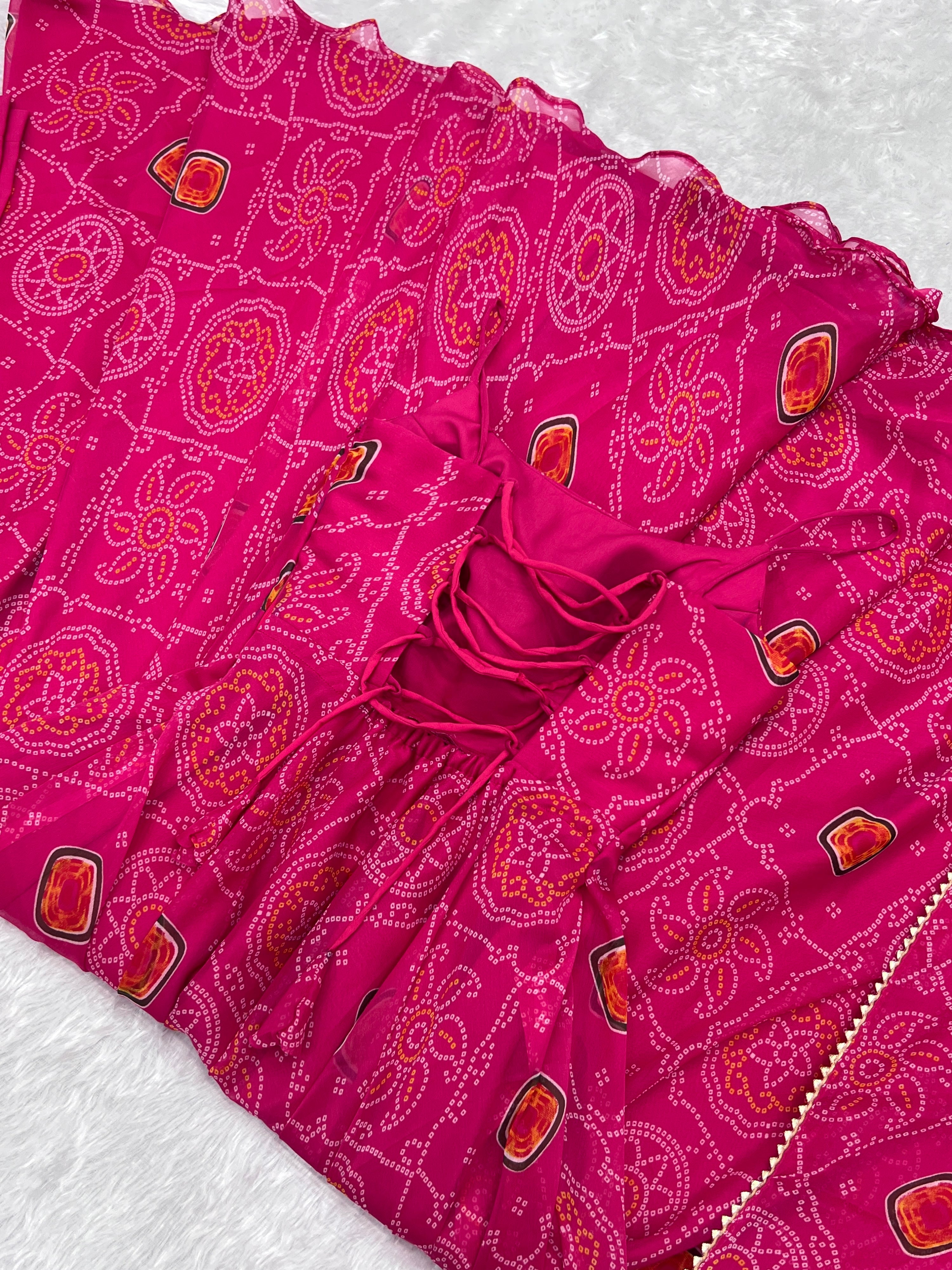 Soft Lightweight Chiffon Bandhej Embroidered Gown Set – Pink