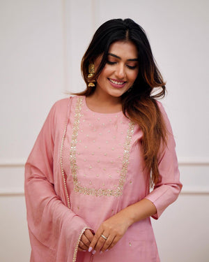Rayon Slub Embroidered Kurta Pant Dupatta Set – Pink