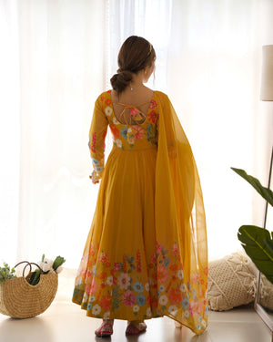 Organza Silk Printed Anarkali Set – Yellow