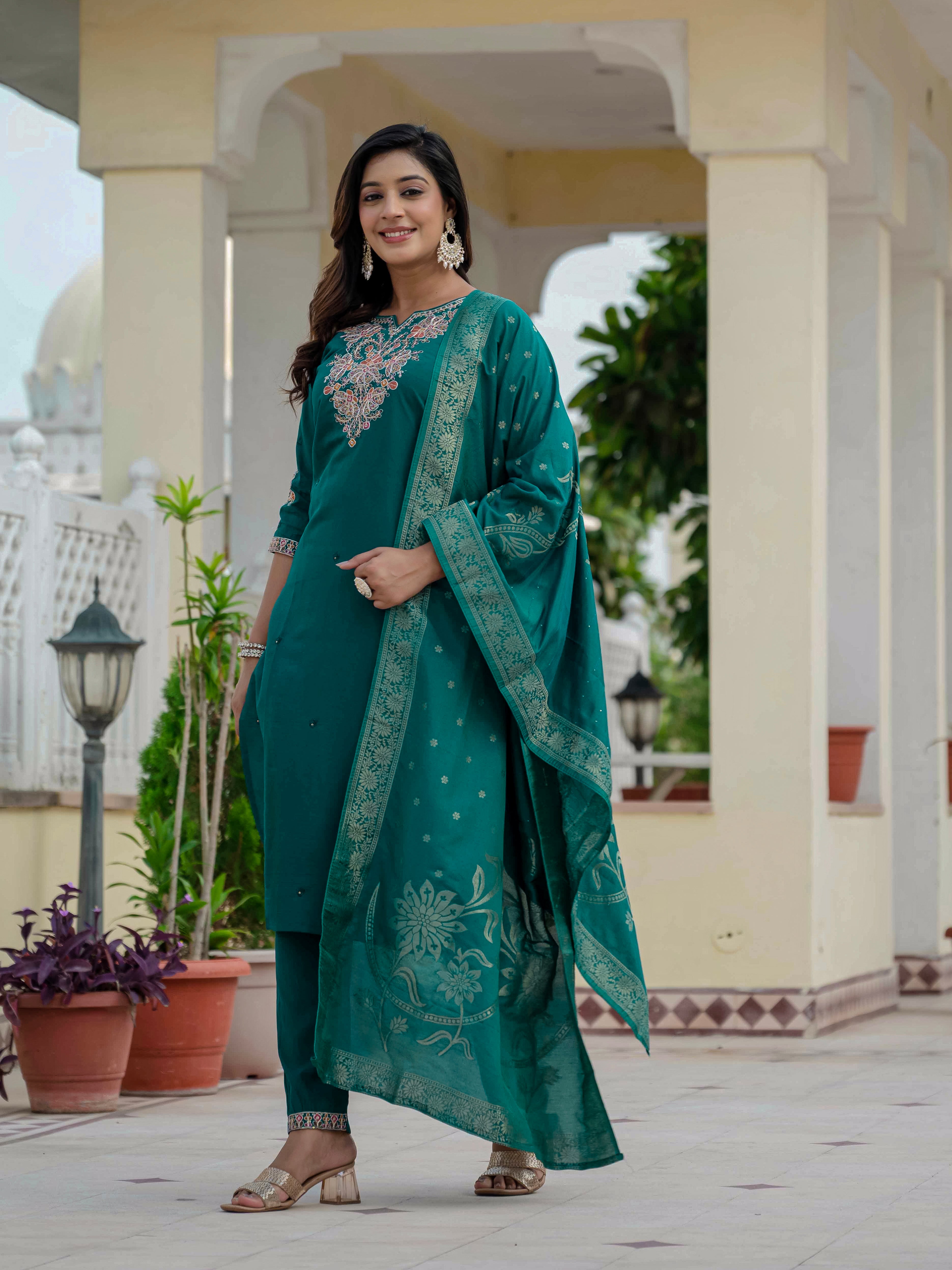 Premium Roman Silk Embroidered Straight Kurti Set – Rama Green