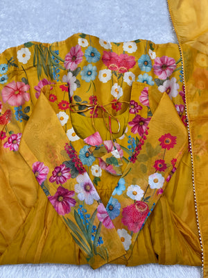 Organza Silk Printed Anarkali Set – Yellow