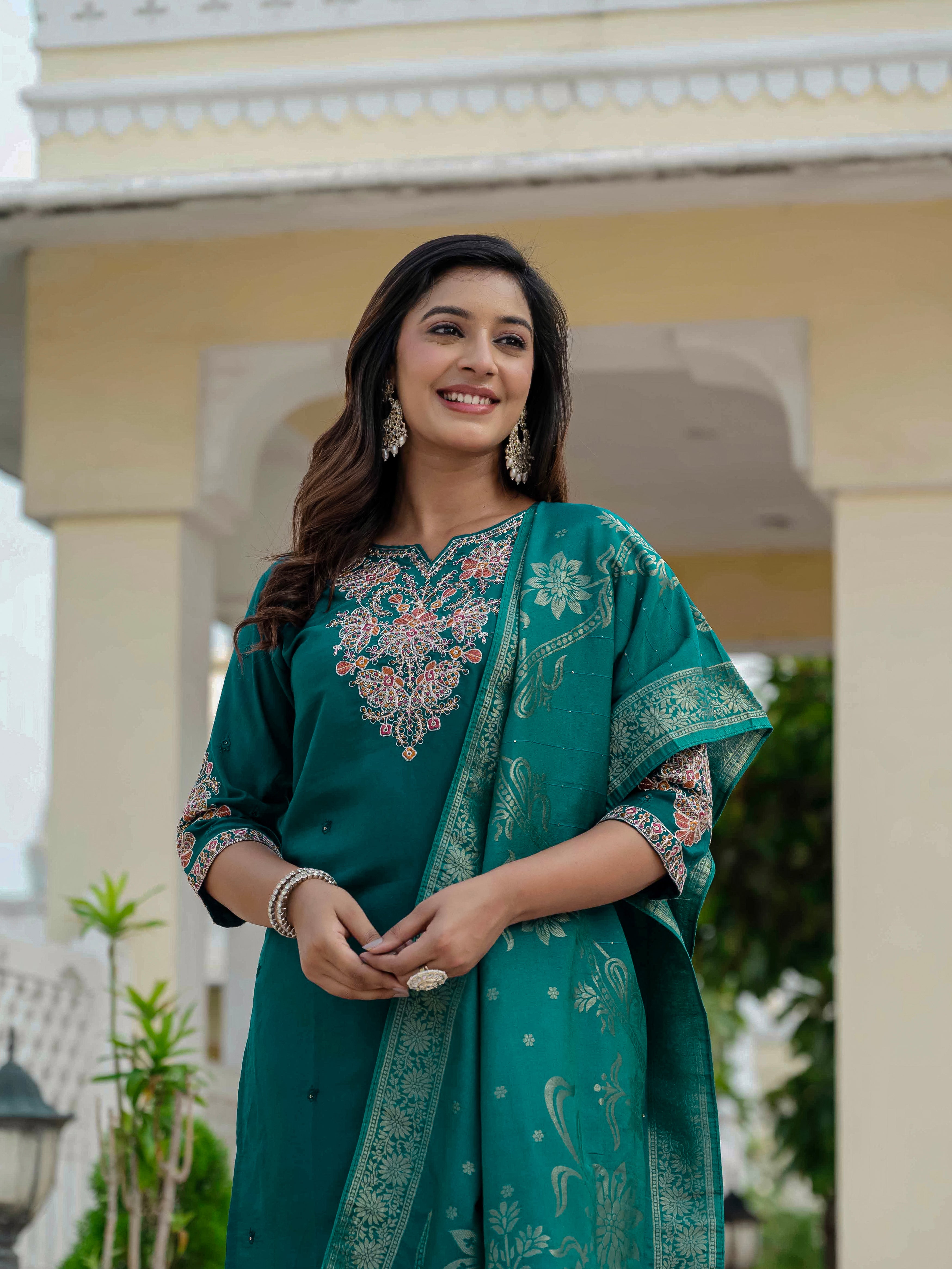 Premium Roman Silk Embroidered Straight Kurti Set – Rama Green