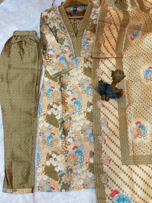 Zarna Silk Embroidered Straight Kurti Set – Beige