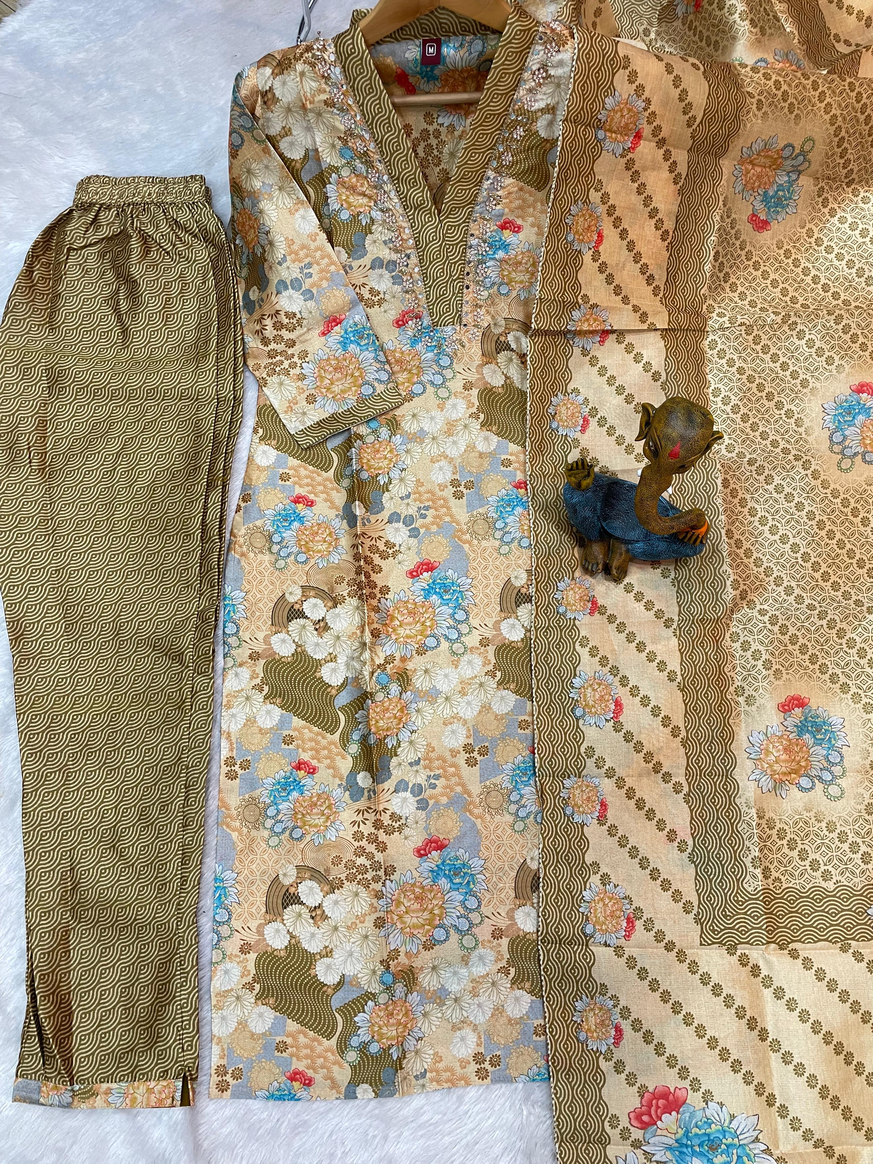 Zarna Silk Embroidered Straight Kurti Set – Beige