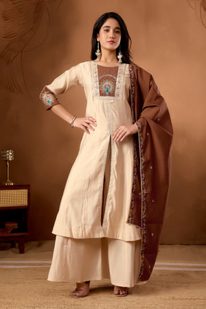 Roman Silk Embroidered Anarkali Kurti Set – Cream