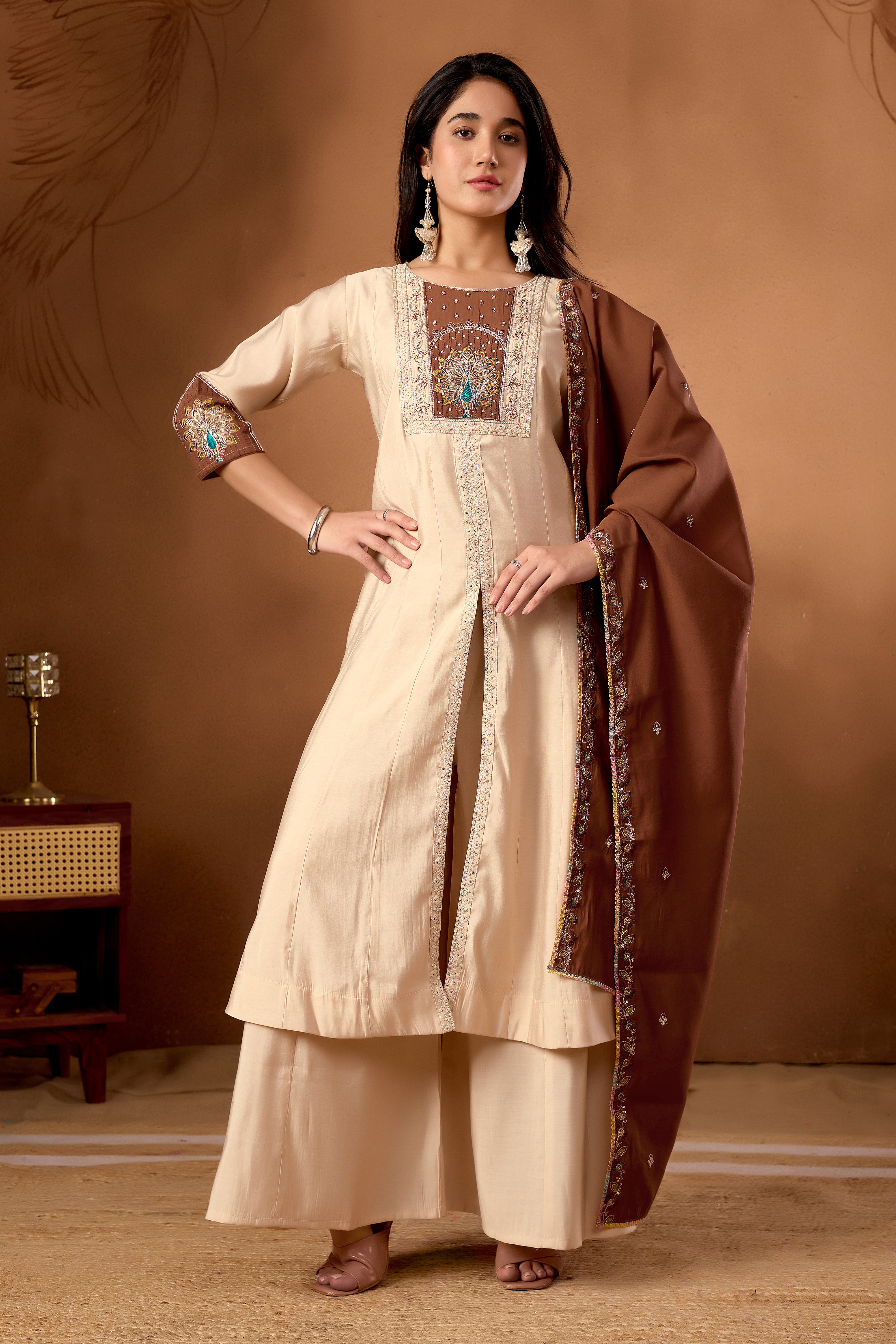 Roman Silk Embroidered Anarkali Kurti Set – Cream
