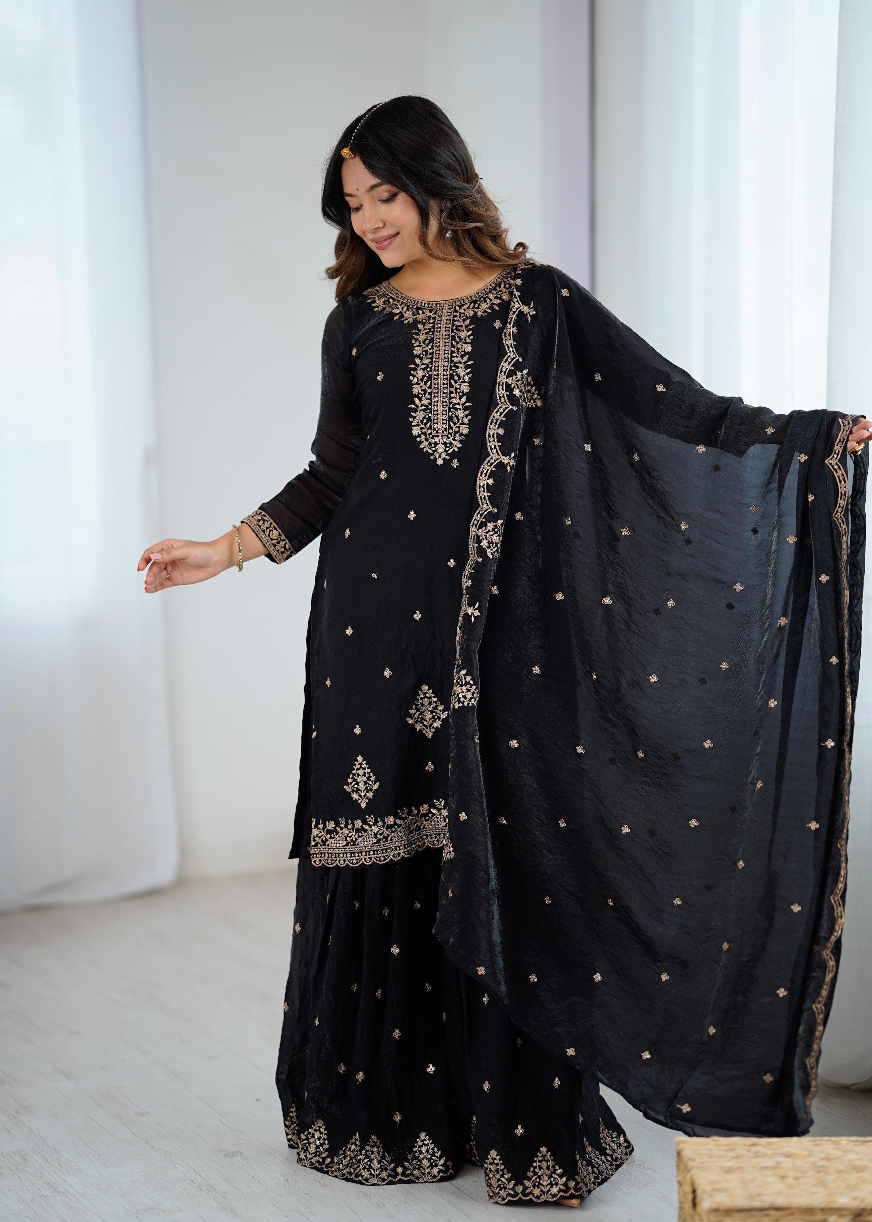 Crunchy Silk Embroidered Kurta-Sharara Set – Black