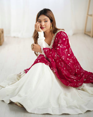 Vichitra Silk Designer Anarkali Set – Ivory & Rani Pink