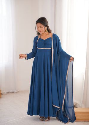 Georgette Embroidered Gown Set – Teal Blue