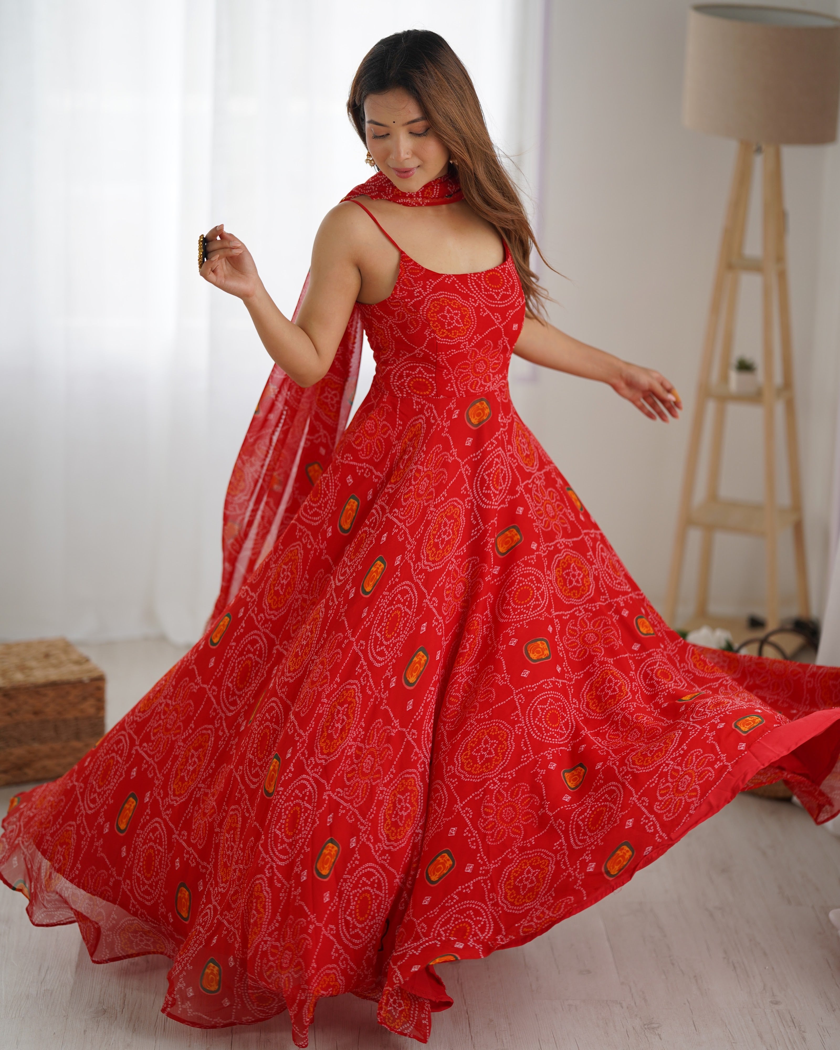 Soft Lightweight Chiffon Bandhej Embroidered Gown Set – Red