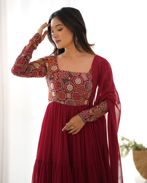 Georgette Embroidered Anarkali Set – Wine