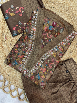 Zarna Silk Embroidered Straight Kurti Set – Coffee Brown