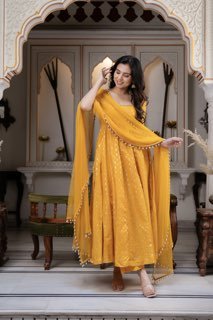 Chanderi Jacquard Embroidered Anarkali + Pant Set – Mustard Yellow