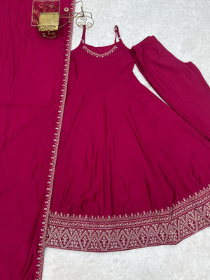 Roman Chanderi Silk Embroidered Anarkali Set – Rani Pink